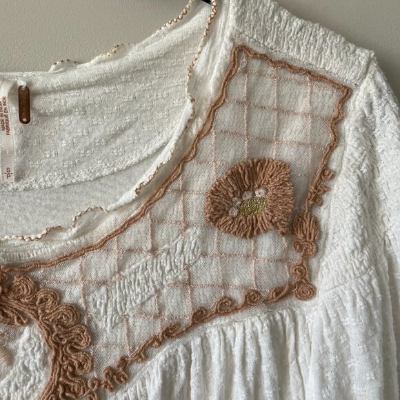 Free People Begonia Tee Embroidered Blouse Top White Brown Small - Picture 7 of 8